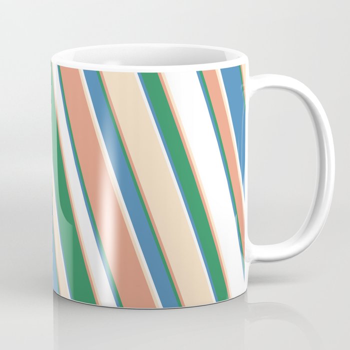 Eye-catching Dark Salmon, Sea Green, Blue, White, and Bisque Colored Stripes Pattern Coffee Mug
