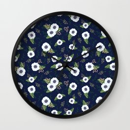 Anemone Floral Pattern Navy Blue Wall Clock