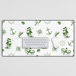 Green Silhouettes Of Vintage Nautical Pattern Desk Mat