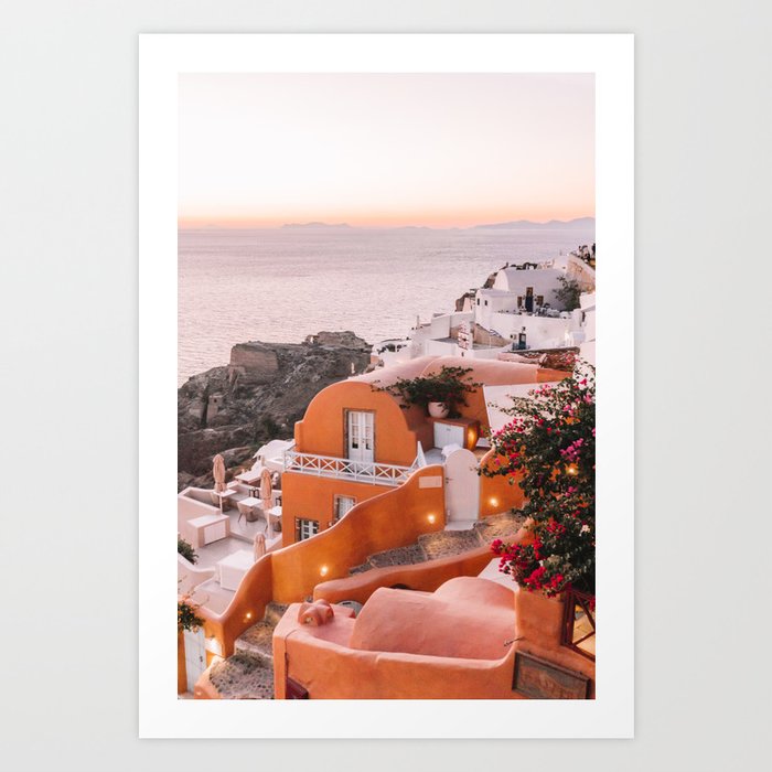 Sunset View over Santorini | Village of Oia in the Greek Cyclades | Orange and Yellow Tones: Travel Photography in Greece Art Print
