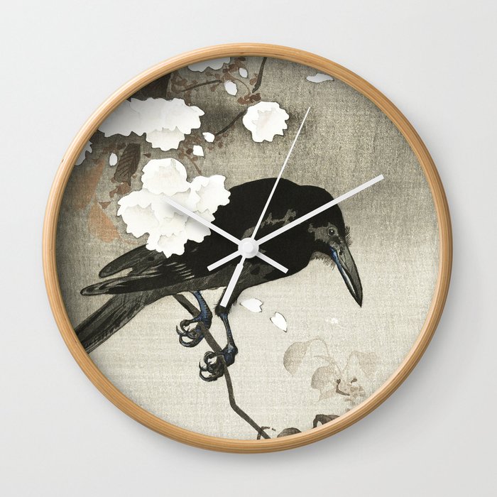 Raven on Cherry tree - Japanese vintage woodblock print Wall Clock