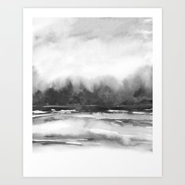Rustic River I - Black and White Wall Art, River Forest Watercolor Painting, Tree Nature Art Art Print