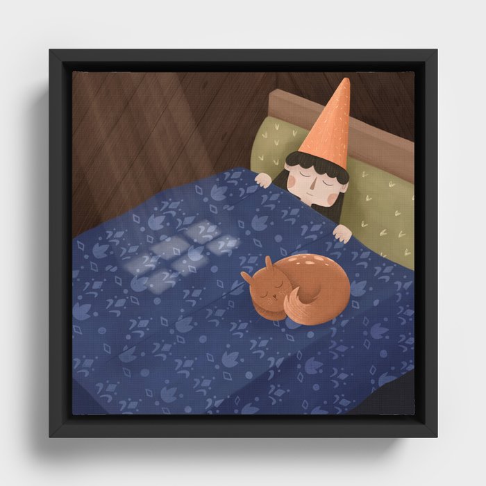 Sleepy girl in a bed with a cat. Moon light Framed Canvas