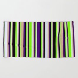 [ Thumbnail: Eyecatching Indigo, Tan, Lavender, Green & Black Colored Lines/Stripes Pattern Beach Towel ]
