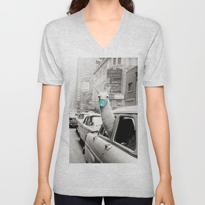 Mint Green Bubble Gum Llama taking a New York Taxi black and white photograph V Neck T Shirt