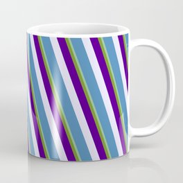 [ Thumbnail: Vibrant Dark Sea Green, Green, Indigo, Lavender, and Blue Colored Pattern of Stripes Coffee Mug ]
