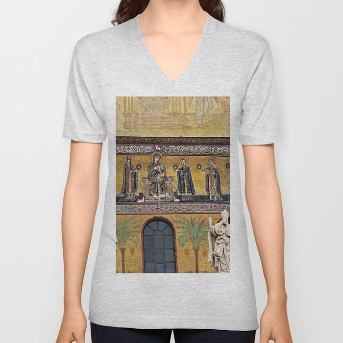 Religious Medieval Mosaic Church Facade, Rome Italy V Neck T Shirt
