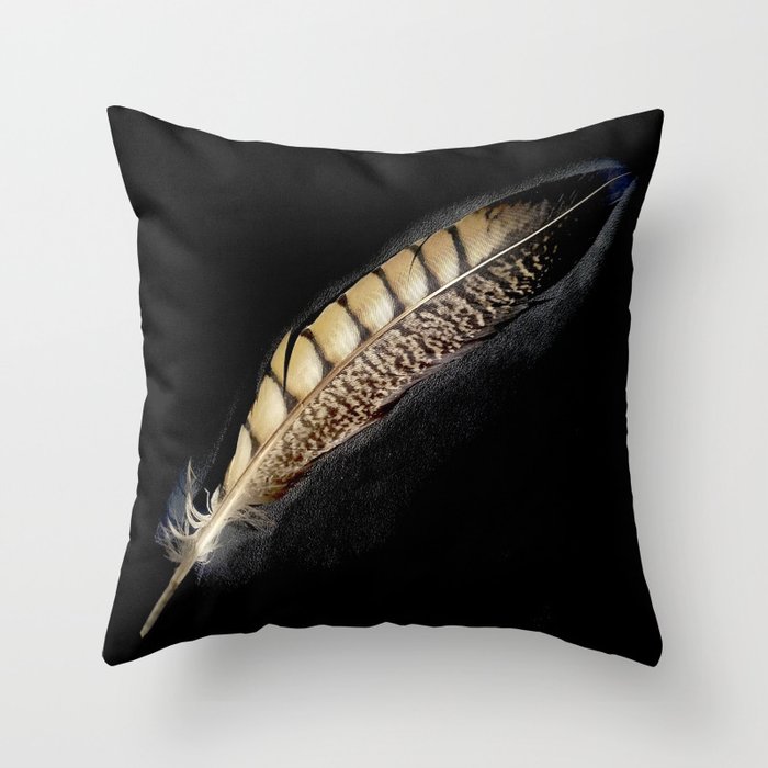 Feather decorative pillow, cushion, feather on black, boho Throw Pillow