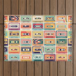 Seamless pattern with audio cassette tapes in a retro color palette. 80s and 90s music and culture inspired vintage pattern.  Outdoor Rug