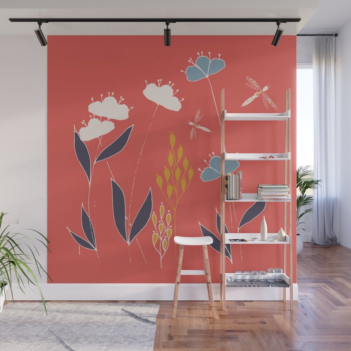 Dragonflies and Poppies - Red. Wall Mural