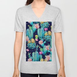 Watercolor seamless pattern. Flowering cacti on dark background. Hand drawn V Neck T Shirt