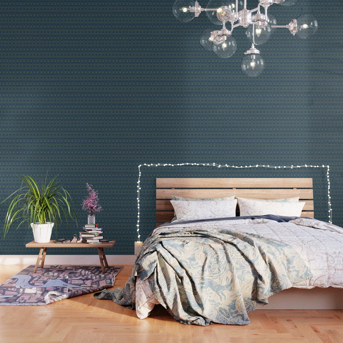 Golden art deco illustration pattern on dark blue background Wallpaper