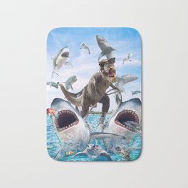 Dinosaur Riding Sharks Bath Mat | Riding, Beach, Wearing, Sunglasses, Collage, T Rex, Ocean, Sharks, Funny, Shark 