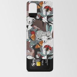 Geo spring animal party // green grey linen texture background brown aqua mint orange and neon red details Android Card Case