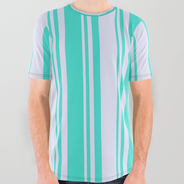 Lavender & Turquoise Colored Pattern of Stripes All Over Graphic Tee