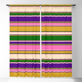 [ Thumbnail: Eyecatching Goldenrod, Dark Green, Hot Pink, Bisque & Indigo Colored Striped/Lined Pattern Blackout Curtain ]