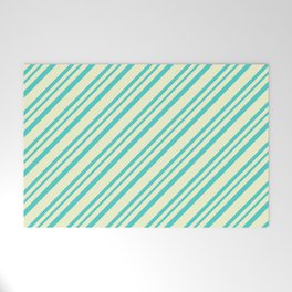 [ Thumbnail: Light Yellow and Turquoise Colored Lined Pattern Welcome Mat ]