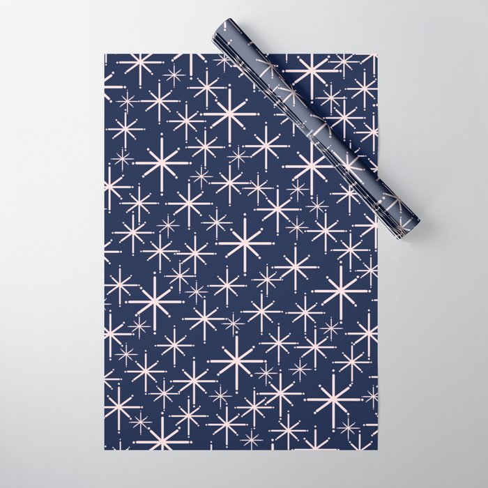 Starry Night - Midcentury Mod Retro Starbursts in Light Pink and Navy Blue Wrapping Paper