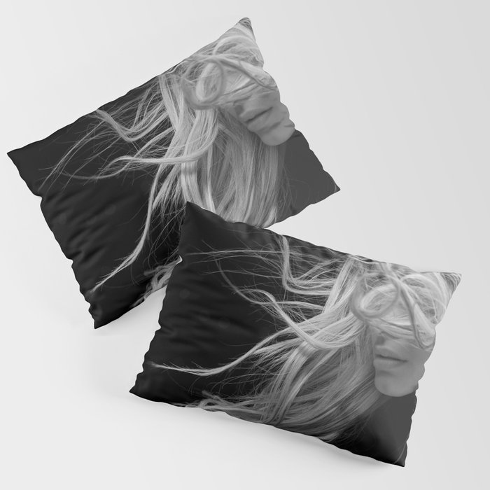Blond with the wind in her hair black and white portrait photograph / photography / photographs Pillow Sham