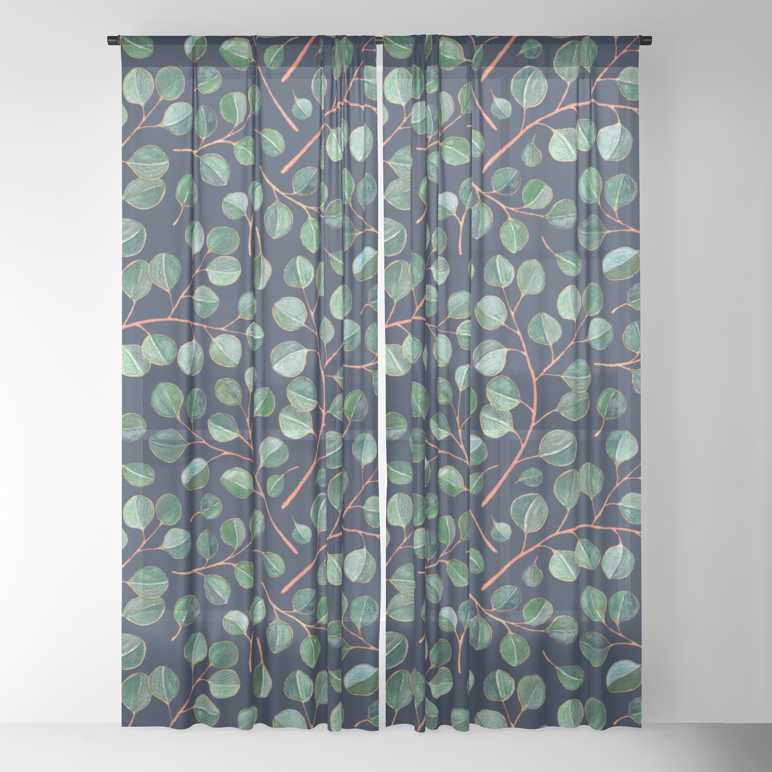Simple Silver Dollar Eucalyptus Leaves On Navy Sheer Curtain By