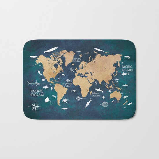 World Map Oceans Life blue Bath Mat