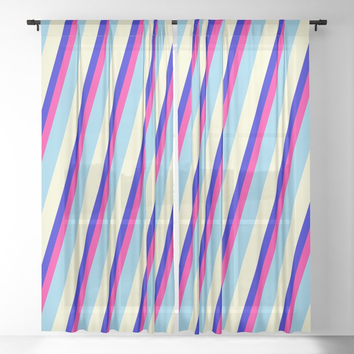 Blue, Deep Pink, Sky Blue, and Light Yellow Colored Stripes/Lines Pattern Sheer Curtain