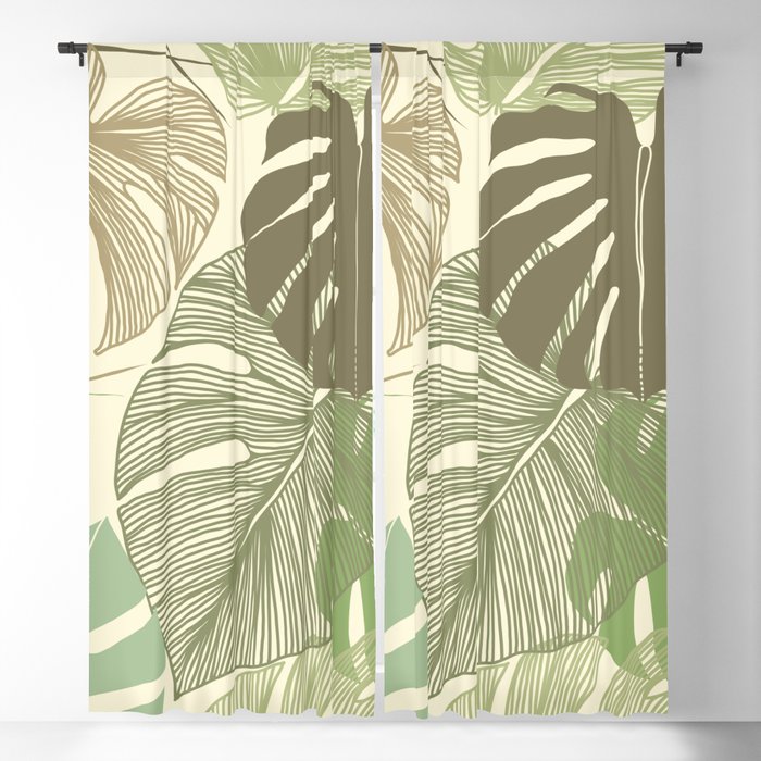 Seamless floral pattern from Tropical Monstera deliciosa plant. Tropical leaves in retro style. Hand drawn pattern. Line art. Vintage illustration Blackout Curtain