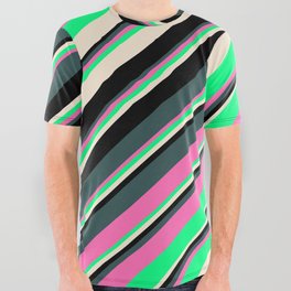 [ Thumbnail: Eyecatching Dark Slate Gray, Hot Pink, Green, Beige, and Black Colored Lines Pattern All Over Graphic Tee ]