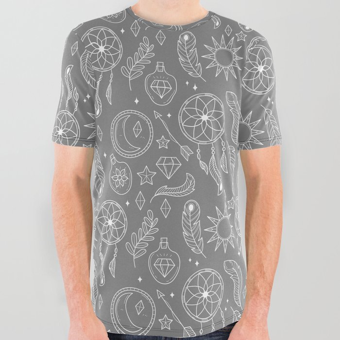 Grey And White Hand Drawn Boho Pattern All Over Graphic Tee