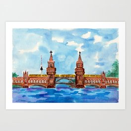 Oberbaum Bridge Berlin Art Print | Tourism, Travel, Blue, Train, Painting, River, Colorful, Bridge, Berlin, Traditional 