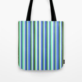[ Thumbnail: Eyecatching Dark Olive Green, Royal Blue, Cornflower Blue, Beige, Aquamarine Colored Stripes Pattern Tote Bag ]
