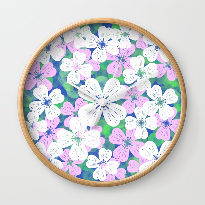 70’s Desert Flowers Pink On Navy Wall Clock