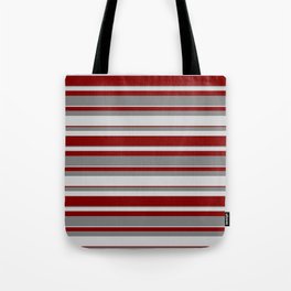 [ Thumbnail: Grey, Light Grey & Maroon Colored Stripes Pattern Tote Bag ]