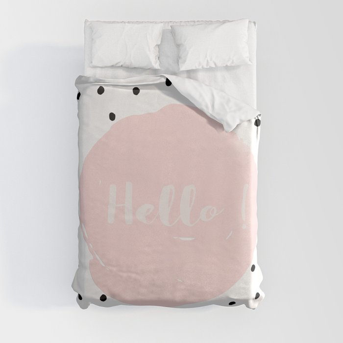 Hello! Black on white Polkadots and pink Typography Duvet Cover