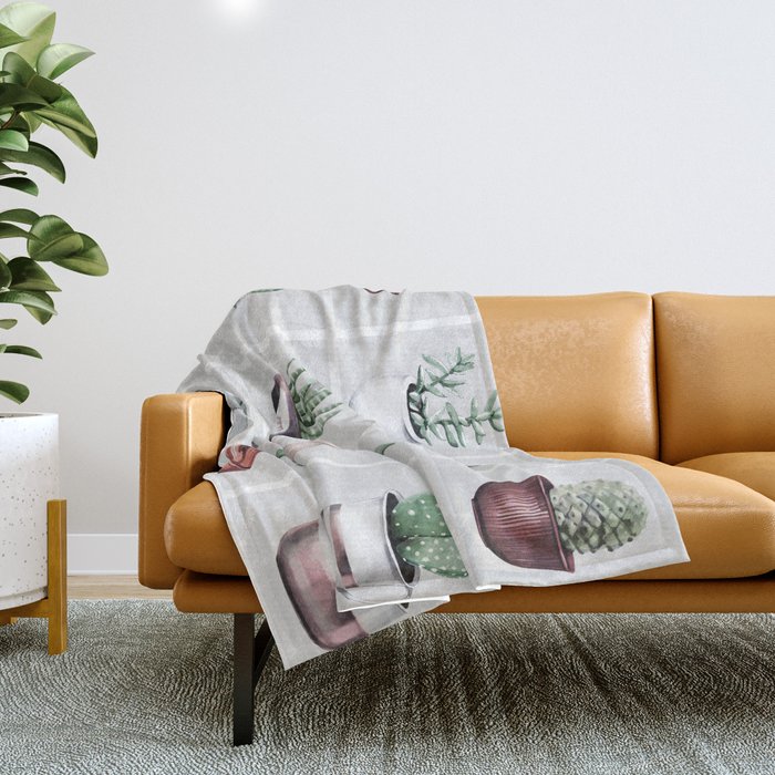 Cactus Bunch Grid Rose Gold Gray Green Throw Blanket