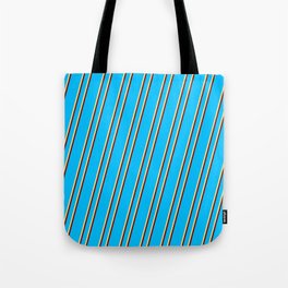 [ Thumbnail: Deep Sky Blue, Tan & Maroon Colored Stripes/Lines Pattern Tote Bag ]