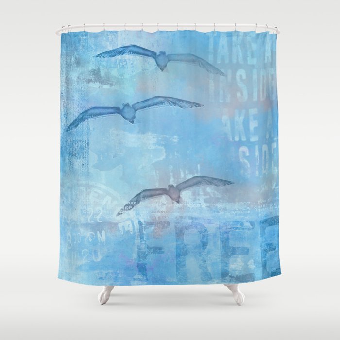Free sea gull blue mixed media art Shower Curtain