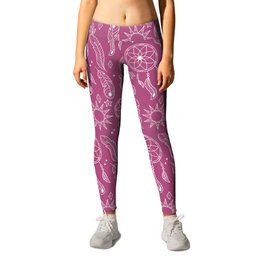 Magenta And White Hand Drawn Boho Pattern Leggings