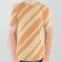 [ Thumbnail: Tan and Brown Colored Lined Pattern All Over Graphic Tee ]