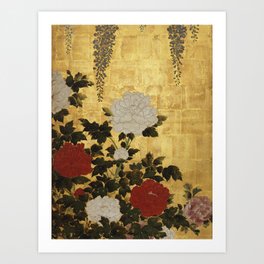 Vintage Japanese Floral Gold Leaf Screen With Wisteria and Peonies Art Print