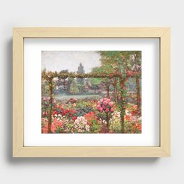 Un jardin d'ete flower garden with Cathedral - post impressionist flowers landscape oil by Octave Guillonnet Recessed Framed Print