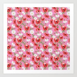 Daisy and Poppy Seamless Pattern on Pink Background Art Print