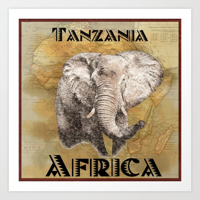 African American Tanzania Africa travel poster with elephant and map of continental Africa for home, wall, and bedroom decor Art Print