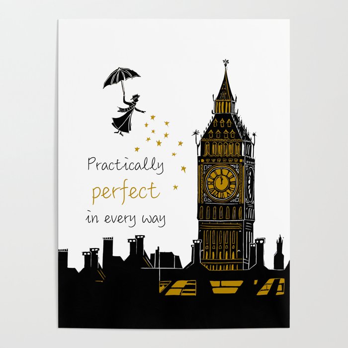 Mary Poppins Practically Perfect in Every Way Linocut Silhouette Poster