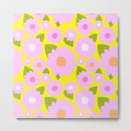 Bright Pretty Pink Flowers On Sunny Yellow Metal Print