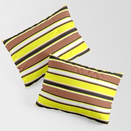 [ Thumbnail: Yellow, White, Sienna & Black Colored Stripes/Lines Pattern Pillow Sham ]