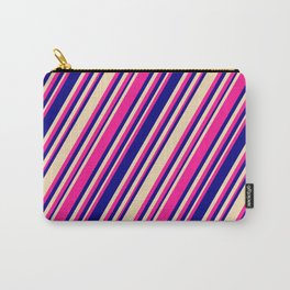 [ Thumbnail: Deep Pink, Blue, and Tan Colored Stripes/Lines Pattern Carry-All Pouch ]