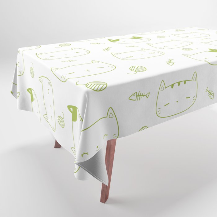 Light Green Doodle Kitten Faces Pattern Tablecloth