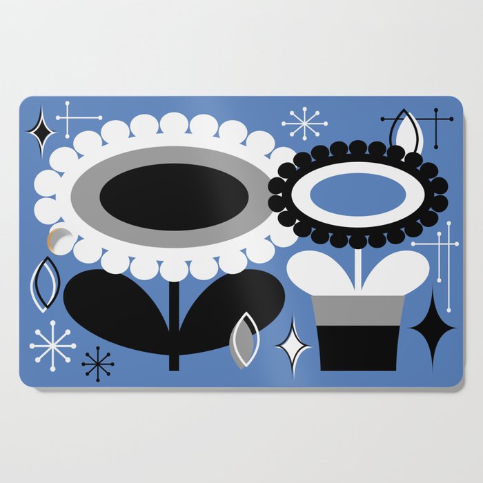 Mid Century Modern Scandinavian Flowers // MCM Floral // Blue, Gray, Black and White Cutting Board