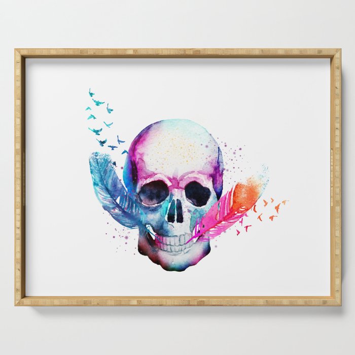 Colorful vibrant skull with feathers Serving Tray